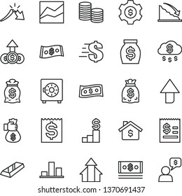thin line vector icon set - upward direction vector, dollar, line chart, strongbox, coins, recession, a crisis, article on the, financial item, money, dollars, cash, growth arrows, gold bar, rain