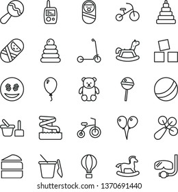 thin line vector icon set - beanbag vector, baby rattle, bath ball, stacking rings, toy, roly poly doll, tumbler, mobile phone, sand set, children's, small teddy bear, rocking horse, balloon