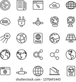 thin line vector icon set - sign of the planet vector, globe, earth, passport, solar panel, plug, CO2, carbon dyoxide, connection, connections, recession, newspaper, network, browser, connect