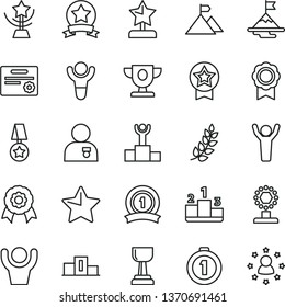 thin line vector icon set - star vector, pedestal, medal, winner, laurel branch, podium, prize, cup, gold, reward, man hands up, with, motivation, mountain flag, first place, ribbon, certificate