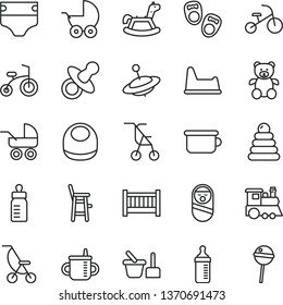 thin line vector icon set - baby cot vector, dummy, mug for feeding, bottle, measuring, diaper, bib, stroller, carriage, summer, sitting, stacking rings, roly poly doll, toy sand set, chair, a child