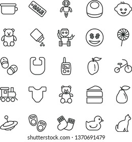 thin line vector icon set - baby powder vector, bib, Child T shirt, duckling, warm socks, toy mobile phone, children's potty, teddy bear, small, hairdo, train, yule, tricycle, piece of cake, pear