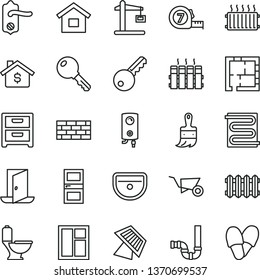 thin line vector icon set - dwelling vector, brickwork, building trolley, window, long meashuring tape, wooden paint brush, sink, toilet, siphon, laying out, door knob, interroom, heating coil, new