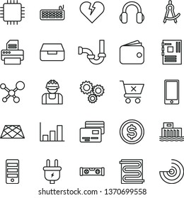 thin line vector icon set - sewerage vector, building level, pavement, heating coil, broken heart, smartphone, drawer, crossed cart, cards, hydroelectric station, plug, builder, three gears, dollar