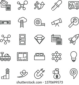 thin line vector icon set - measuring tape vector, lay out of flat, bulb, interroom door, building level, estimate, calculation, block, telescope, molecule, pipette, oscilloscope, magnet, 3d cube