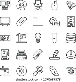 thin line vector icon set - camera vector, comb, crane, drawing, construction helmet, knife, clip, fan screw, bulb, industrial factory, tower, magnifying glass, computer, mouse, pc power supply, hdd