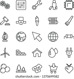 thin line vector icon set - hammer of a judge vector, books, brick wall, gears, arm saw, earth, regulator, put in cart, popcorn, blueberries, windmill, planet, electric plug, forest, drop, smd