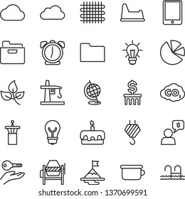 thin line vector icon set - children's potty vector, chair, hook, concrete mixer, alarm clock, bulb, folder, torte, leaves, weaving, tower crane, carbon dyoxide, pie charts, tablet pc, cloud, globe