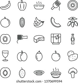 thin line vector icon set - cheese vector, spaghetti, noodles, porridge in a saucepan, hot, plate, glass of tea, bottle soda, apple, half apricot, plum, mulberry, slice melon, goji berry, tangerine