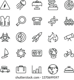 thin line vector icon set - telescope vector, electricity, zoom, dna, biohazard, globe, oscilloscope, flame, growth graph, radar, earth core, rocket, lunar rover, car baggage, bike, suitcase, sun