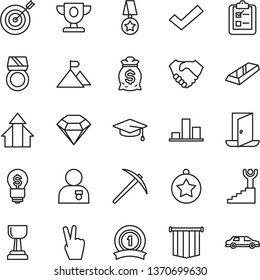 thin line vector icon set - check mark vector, survey, chart, hand shake, prize, gold cup, winner stairway, man with medal, growth arrows, graduate, star, mountain flag, target, ribbon, mine axe