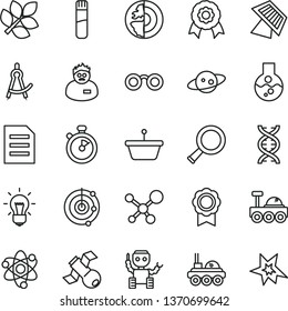 thin line vector icon set - pan vector, file, flask, test tube, molecule, atom, glasses, zoom, dna, bulb, satellite, scientist, drawing compass, radar, earth core, medal, robot, sun panel, saturn
