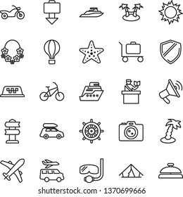 thin line vector icon set - car baggage vector, taxi, air balloon, bike, motorcycle, passort control, plane, getting, tent, sun, palm tree, hawaii wreath, starfish, diving mask, camera, transfer