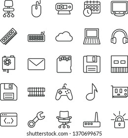 thin line vector icon set - floppy disk vector, notebook pc, radiator fan, mouse, keyboard, power supply, memory, card, monitor, web camera, usb, router, headphones, coding, note, joystick, chair