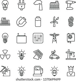 thin line vector icon set - drill vector, saving light bulb, regulator, charge level, coal mining, gas station, wind energy, manufacture, accumulator, hydroelectric, hydroelectricity, power pole