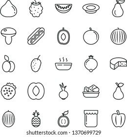 thin line vector icon set - cheese vector, Hot Dog, mushroom, porridge, lettuce in a plate, of milk, beet, jam, strawberries, pineapple, apple, pear, fig, medlar, blackberry, tasty mulberry, melon