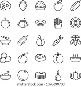 thin line vector icon set - mug for feeding vector, deep plate with a spoon, burger, bowl of rice porridge, hot, milk, piece meat, cucumber, fried potato slices, omelette, apple, pancakes, orange