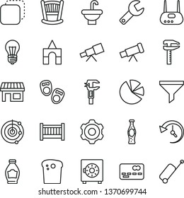 thin line vector icon set - repair key vector, cradle, baby cot, box of bricks, shoes for little children, cogwheel, washbasin, strongbox, copy, Easter cake, bottle soda, bulb, calipers, caliper