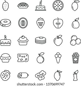 thin line vector icon set - cake vector, sausage, piece of cheese, muffin, torte, with a hole, apple pie, popcorn, cup, cone, strawberry, strawberries, pancakes, red, tasty, blueberry, blueberries