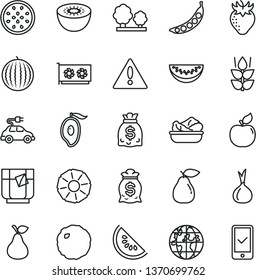 thin line vector icon set - warning vector, lettuce in a plate, cabbage, glass of tea, pear, mint, apricot, strawberry, water melon, slice, half mango, kiwi, passion fruit, pineapple, onion, peas