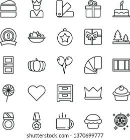 thin line vector icon set - colored air balloons vector, cake, window frame, color samples, sample of colour, interroom door, heart, nightstand, gift, muffin, piece, a plate fruit, lollipop, cup tea