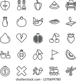 thin line vector icon set - cross vector, pennant, toy sand set, plastic fork spoons, baby train, small yule, concrete mixer, broken heart, slices of onion, chili, cherry, pomegranate, half, cornels