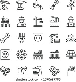 thin line vector icon set - tower crane vector, builder, workman, winch hook, adjustable wrench, drill, power socket type b, f, gear, sea port, solar panel, working oil derrick, wind energy, factory