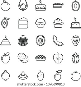 thin line vector icon set - birthday cake vector, muffin, piece of, slice, torte, apple pie, strawberry, biscuit, half pomegranate, quince, red, tasty, medlar, mulberry, melon, mango, delicious plum