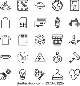 thin line vector icon set - danger of electricity vector, sign the planet, wicker pot, paper bag, mug for feeding, small yule, new roller, dangers, bulb, cards, T shirt, hanger, right bottom arrow