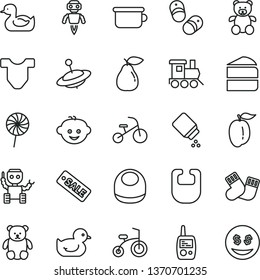 thin line vector icon set - baby powder vector, bib, Child T shirt, rubber duck, duckling, warm socks, toy mobile phone, children's potty, teddy bear, small, hairdo, train, yule, bicycle, tricycle