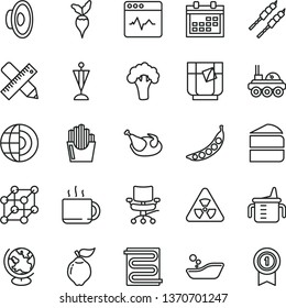 thin line vector icon set - calendar vector, loudspeaker, measuring cup for feeding, children's bathroom, writing accessories, heating coil, cardiogram, piece of cake, chicken, barbecue, tea, quince