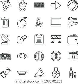 thin line vector icon set - right direction vector, keyboard, horn, baby bath ball, children's tracks, traffic signal, put in cart, shipment, move, mini hot dog, fish, ripe peach, water melon, flask