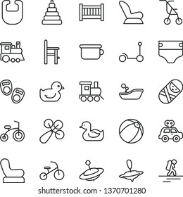 thin line vector icon set - baby cot vector, diaper, bib, rattle, chair, car child seat, sitting stroller, rubber duck, duckling, bath ball, children's bathroom, stacking toy, motor vehicle present