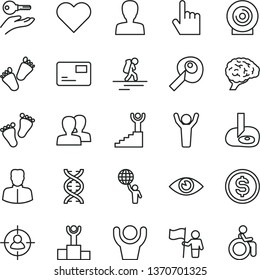 thin line vector icon set - woman vector, women, footprints, children's tracks, heart, index finger, eye, pass card, lens, man in sight, dollar, dna, brain, artifical insimination, winner podium