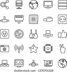 thin line vector icon set - power socket type b vector, f, star, thumb up, screen, big data server, processor, connections, scheme, hierarchical, cpu, pc card, router, network, browser, connect