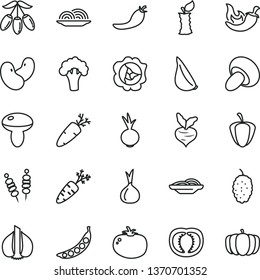 thin line vector icon set - fried vegetables on sticks vector, onion, slices of, mushroom, porcini, tomato, chili, beet, garlic, carrot, squash, mulberry, goji berry, apple stub, half, ripe pepper
