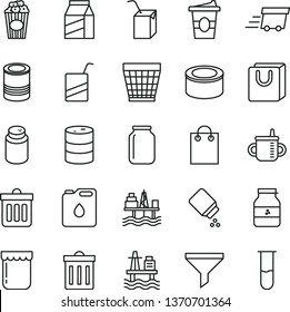 thin line vector icon set - wicker pot vector, bin, mug for feeding, powder, baby, e, packing of juice with a straw, dust, bag handles, package, canned goods, tin, cup popcorn, coffe to go, jam, jar