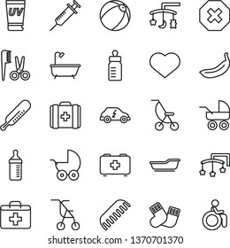 thin line vector icon set - heart symbol vector, mark of injury, first aid kit, toys over the cradle, cot, feeding bottle, measuring for, baby stroller, carriage, summer, sitting, bath ball, comb