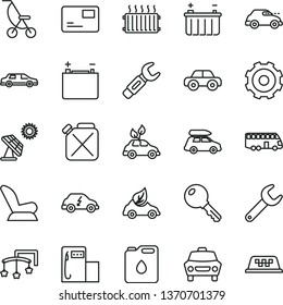 thin line vector icon set - truck lorry vector, toys over the cot, car child seat, summer stroller, motor vehicle, key, pass card, big solar panel, modern gas station, accumulator, battery, canister