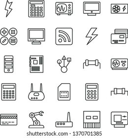 thin line vector icon set - lightning vector, monitor, bank card, calculator, rss feed, screen, cards, math actions, assembly robot, SIM, engineer, pc power supply, tower, motherboard, usb, router