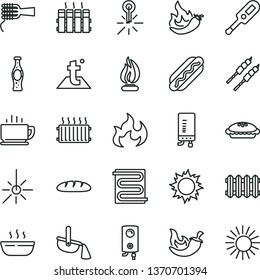 thin line vector icon set - electronic thermometer vector e, heating coil, temperature, radiator, new, boiler, coffee, loaf, Hot Dog, noodles, pie, porridge, barbecue, chili, bottle of soda, pepper