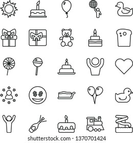 thin line vector icon set - rubber duck vector, baby duckling, teddy bear, children's train, colored air balloons, balloon, cake, birthday, heart, Easter, slice, torte, Chupa Chups, lollipop, gift