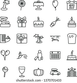 thin line vector icon set - daily calendar vector, colored air balloons, balloon, cake, Easter, torte, birthday, Chupa Chups, lollipop, glass, pumpkin, wall, gift, giftbox, champagne, car baggage