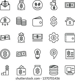 thin line vector icon set - purse vector, coins, column of, denomination the dollar, article on, wallet, money, dollars, cash, bag hand, rain, mortgage, pedestal, gear, idea, eyes, mail, pin, atm