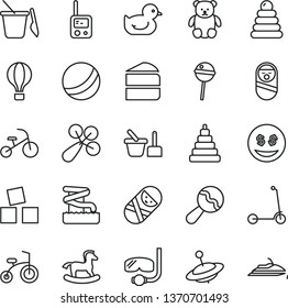 thin line vector icon set - beanbag vector, baby rattle, duckling, bath ball, stacking rings, toy, roly poly doll, tumbler, phone, sand set, children's, small teddy bear, yule, rocking horse