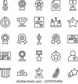 thin line vector icon set - star vector, pedestal, medal, patente, laurel branch, prize, award, cup, reward, man with, pennant, first place, hero, certificate, flag, three stars