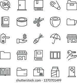 thin line vector icon set - folder vector, open pin, e, window frame, door knob, ntrance, book, umbrella, cardboard box, 24, package, canned goods, half of coconut, kiosk, stall, get a wage