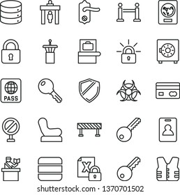 thin line vector icon set - prohibition vector, Baby chair, key, door knob, road fence, lock, passport, big data, strongbox, reverse side of a bank card, encrypting, biohazard, airport tower, shield