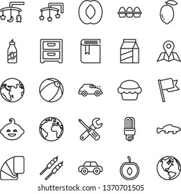thin line vector icon set - sign of the planet vector, book, toys over cradle, cot, baby bath ball, motor vehicle, funny hairdo, small tools, sample colour, map, flag, nightstand, package, cake