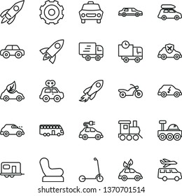 thin line vector icon set - truck lorry vector, Baby chair, motor vehicle, present, toy train, child Kick scooter, car, delivery, eco, environmentally friendly transport, electric, retro, autopilot